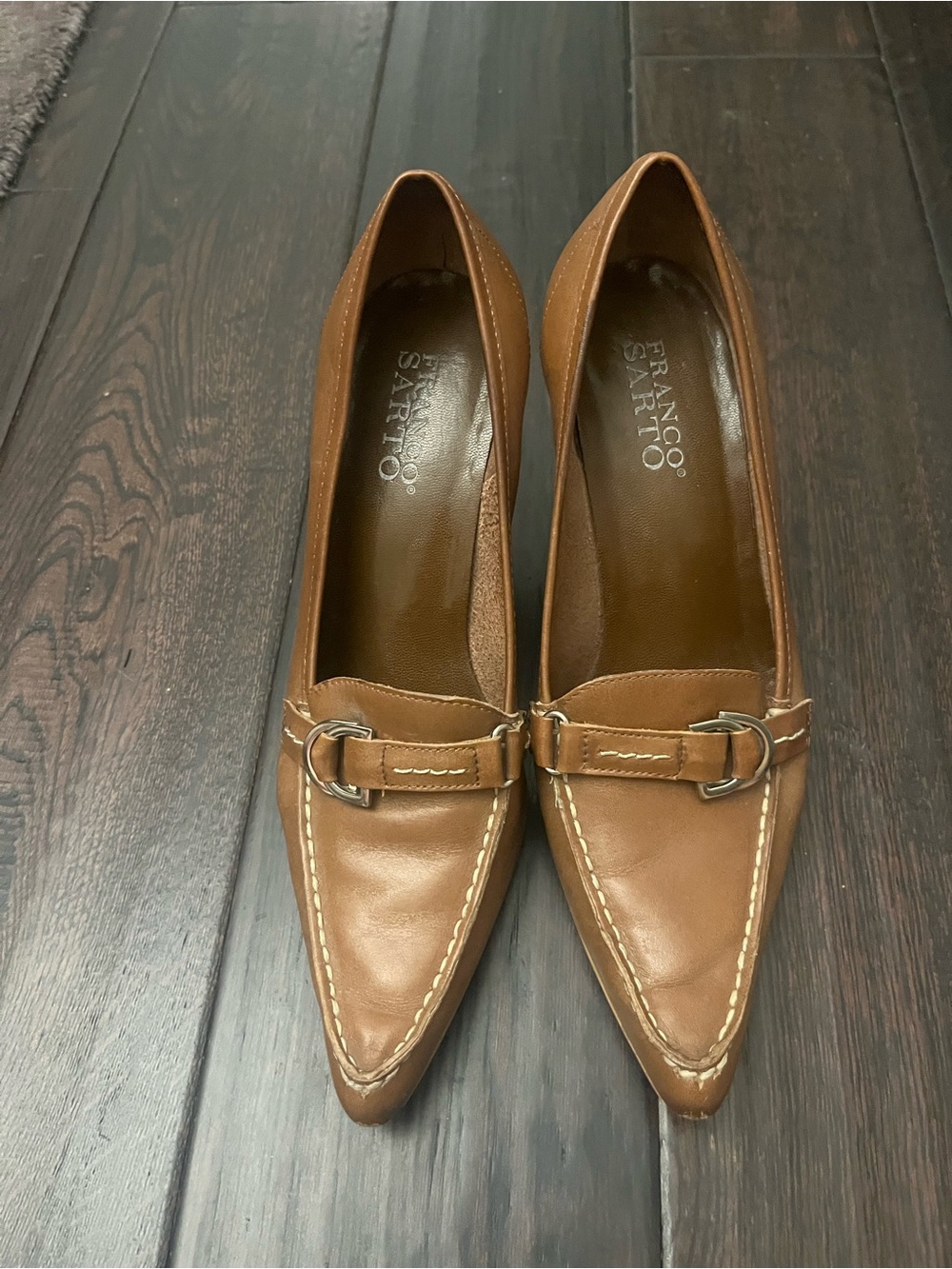 Franco Sarto Tan Pointed-Toe Leather Loafers with Metal Bit